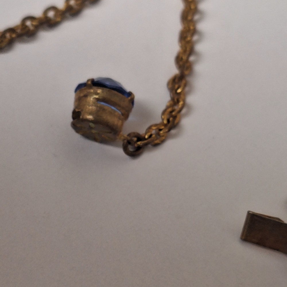 Antique Riviere Art Deco Gold Tone Sapphire Blue Glass Necklace 15" 1920s 1930s - Picture 10 of 16